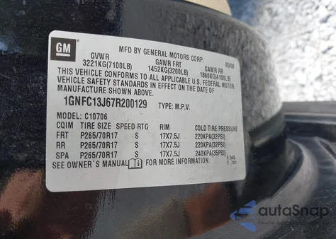 2007 Chevrolet Tahoe Lt from USA, damaged, VIN 1GNFC13J67R200129